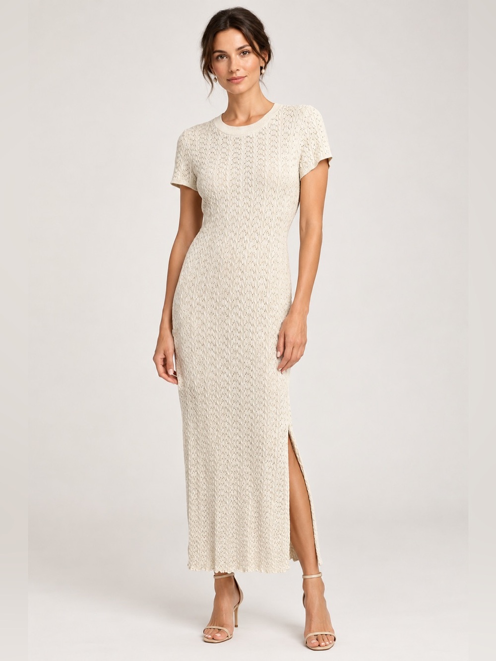 Cream 100% Cotton Short-Sleeve Knit Maxi Dress in Cream